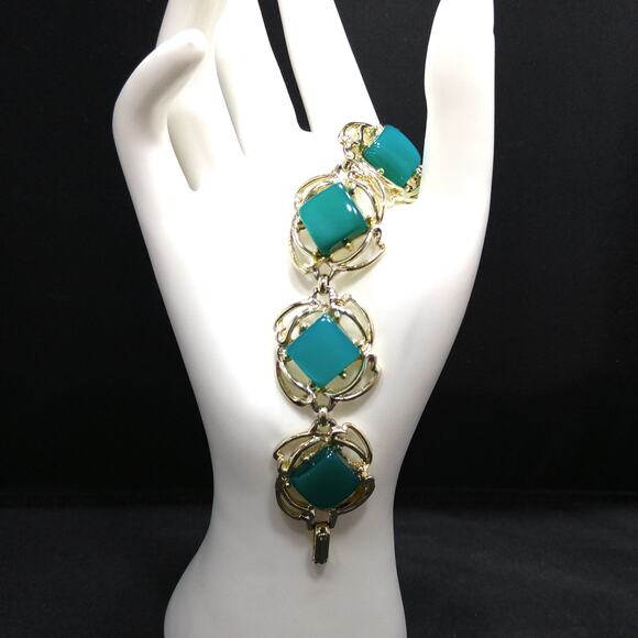 Vintage Moonglow Green Link Bracelet, Gold Tone, 1950s - Picture 1 of 10